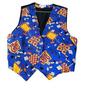 Carol Horn Workshop Vintage Silk Board Game Print Vest Blue Novelty Large